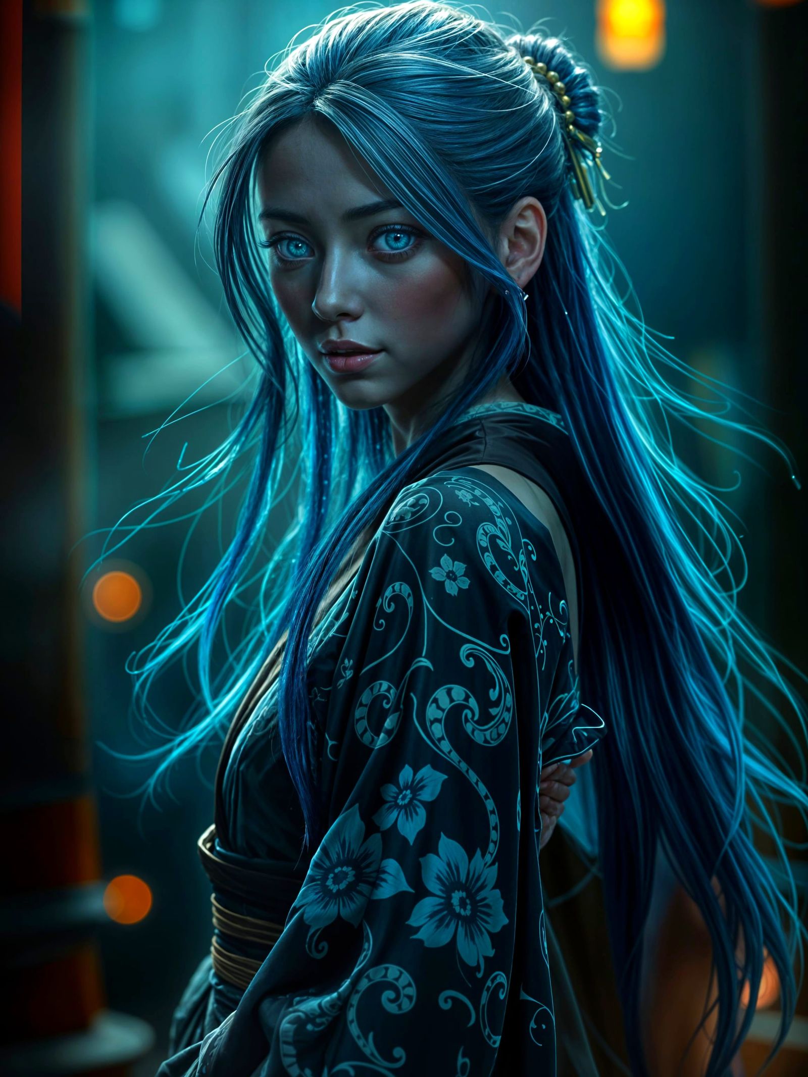 Blue-Haired Girl with Tattoos: Digital Art Masterpiece