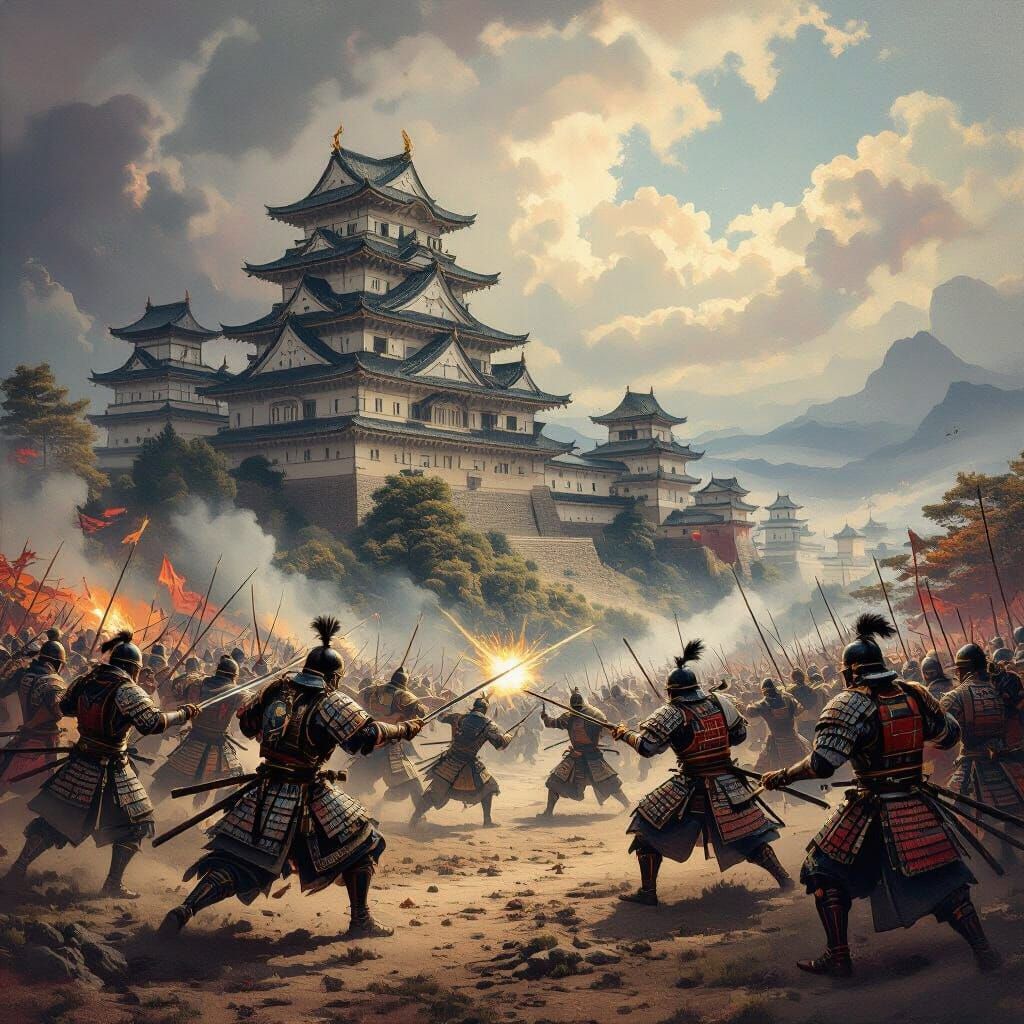 Renaissance Masterpiece: Samurai Battle with Castle Landscap...