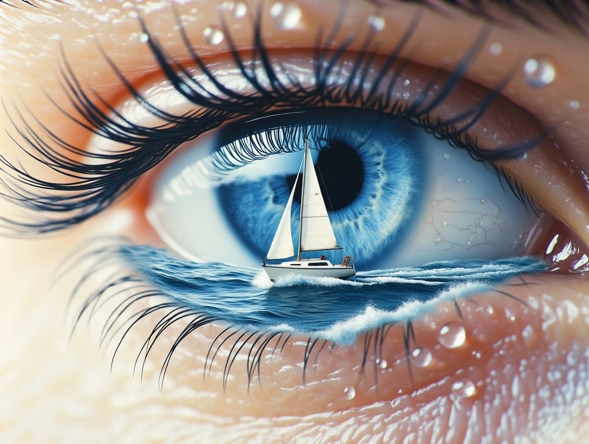 Surrealist Blue Eye with Sailboat