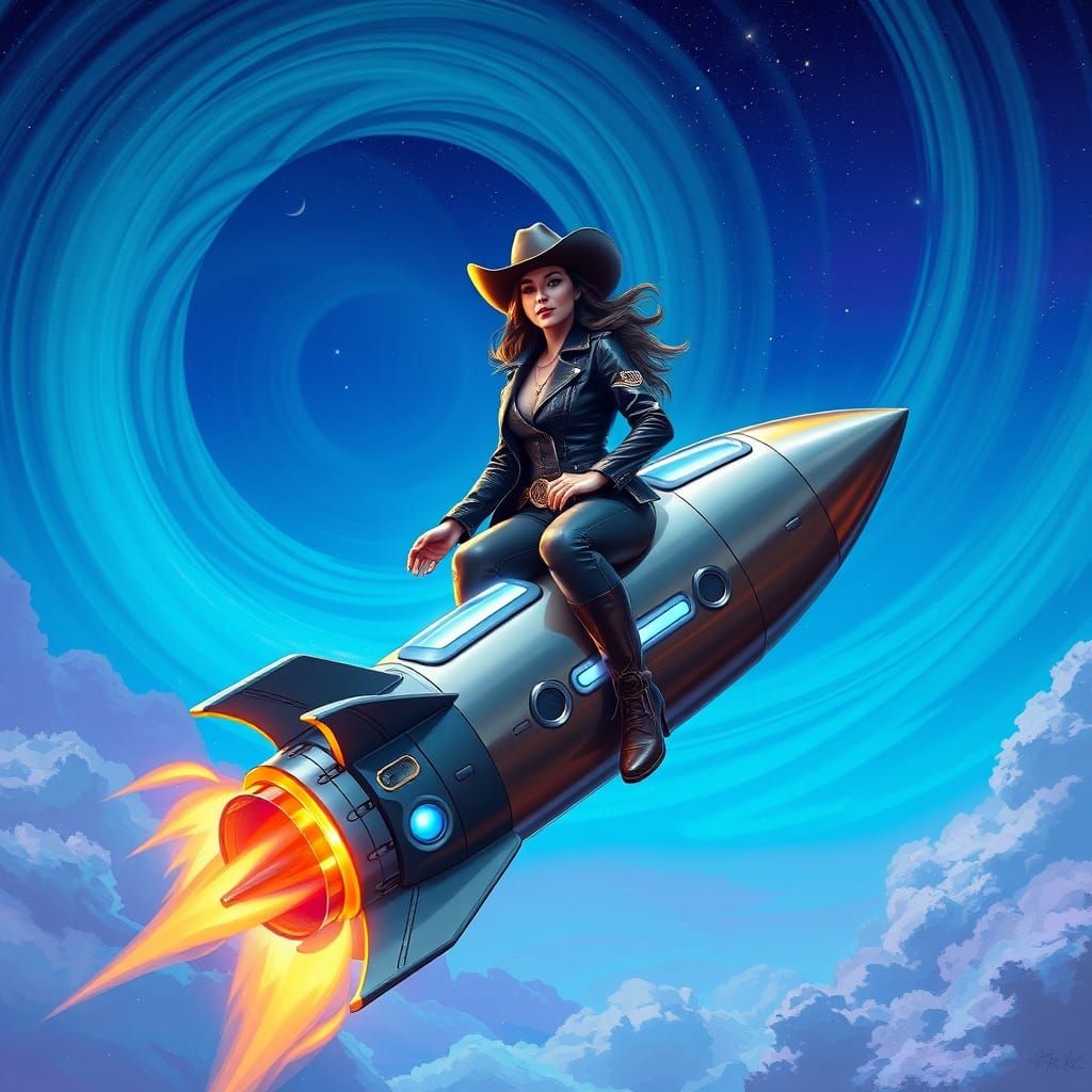 Cyberpunk Cowgirl Blasts Off into Futuristic Night Sky