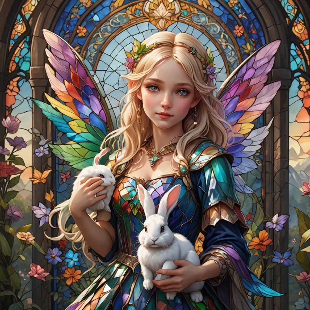 Blond Fairy with Rabbit in Stained Glass Style