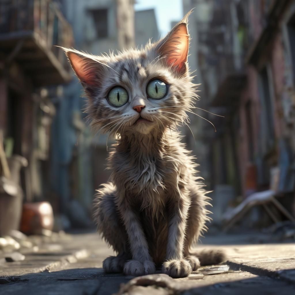 Adorable Kitten in City Alley, Fantasy Concept Art