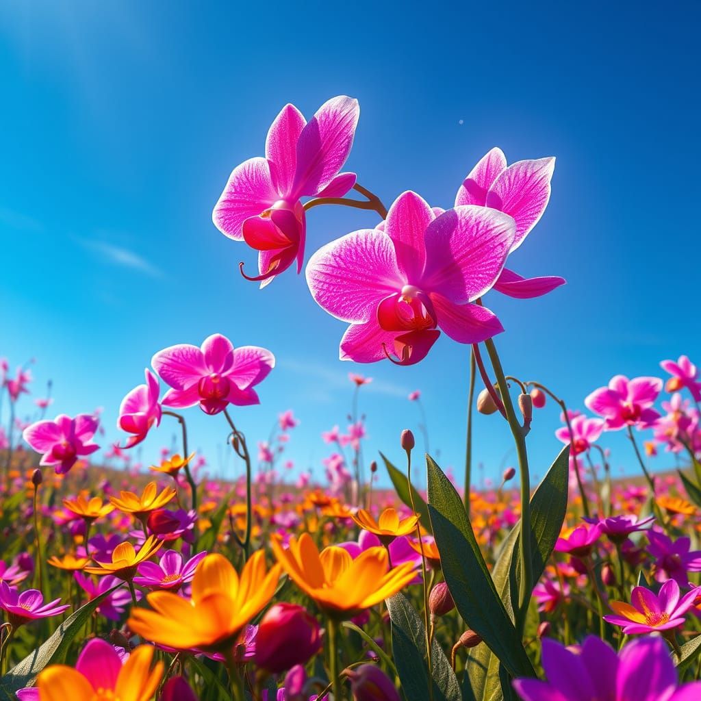 Luminous Cosmic Meadow Blooms with Iridescent Flowers and Co...