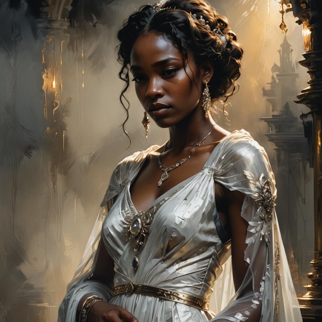 Ebony Woman in White Gown, Rembrandt-Inspired Oil Painting