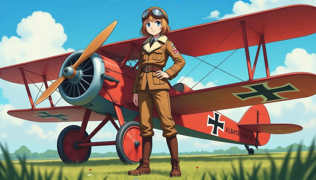 Anime Girl Aviator with Red Albatros D.II