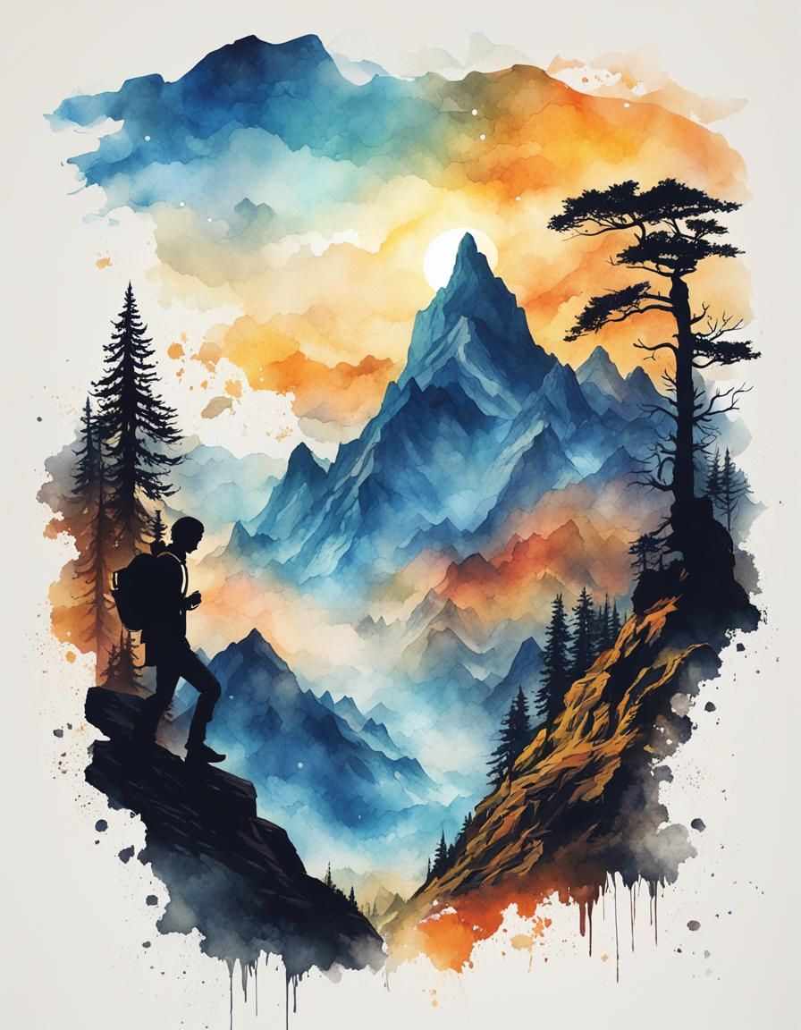 Fantasy Hiker in Mountain Landscape Watercolor Art