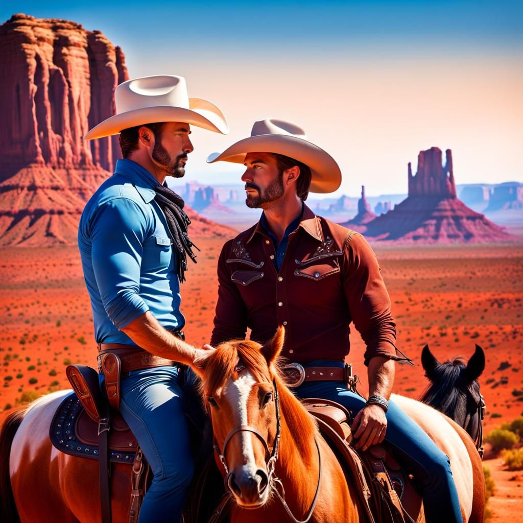 Gay Cowboy Couple Kiss in Monument Valley