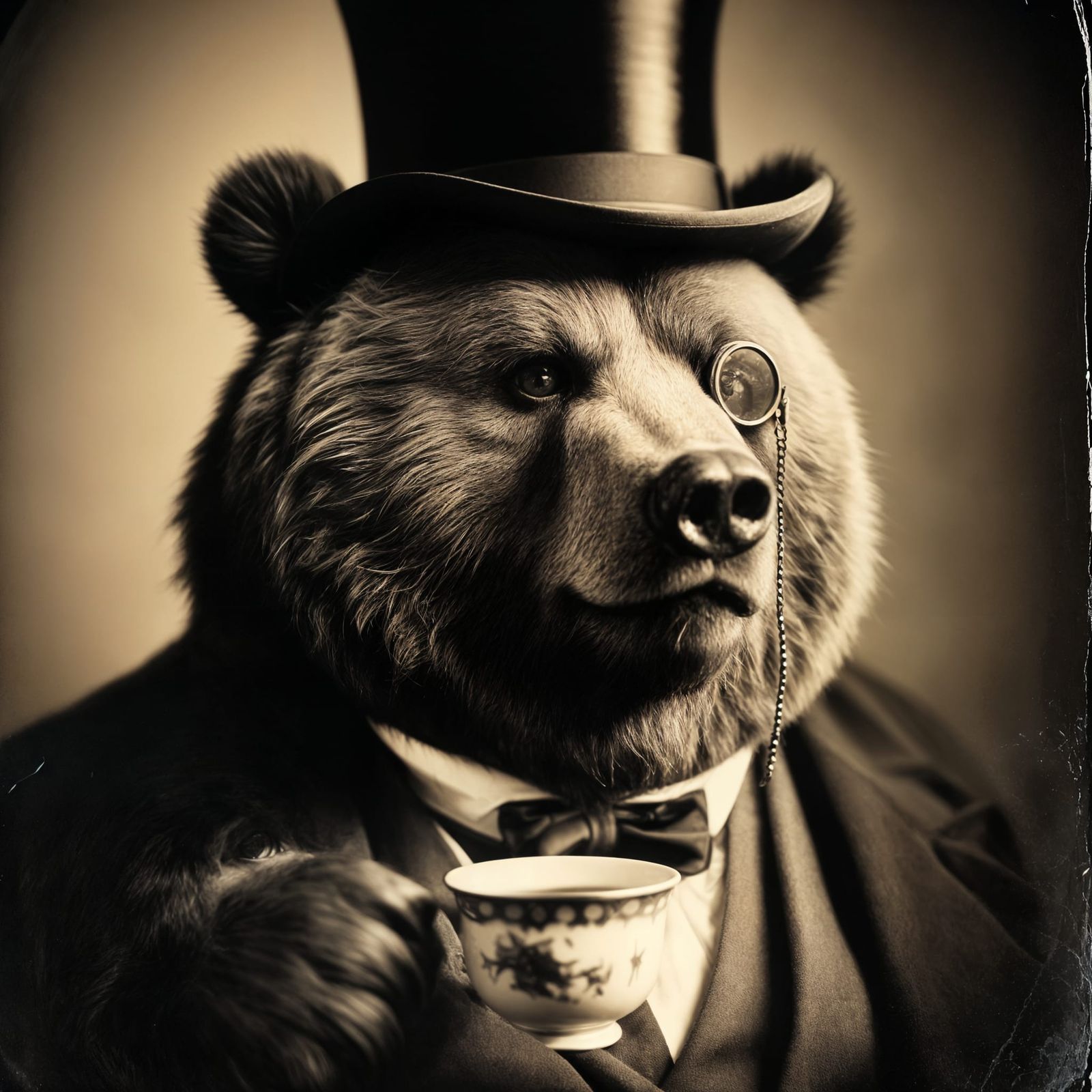 Victorian Bear Sipping Tea: A Tintype Portrait