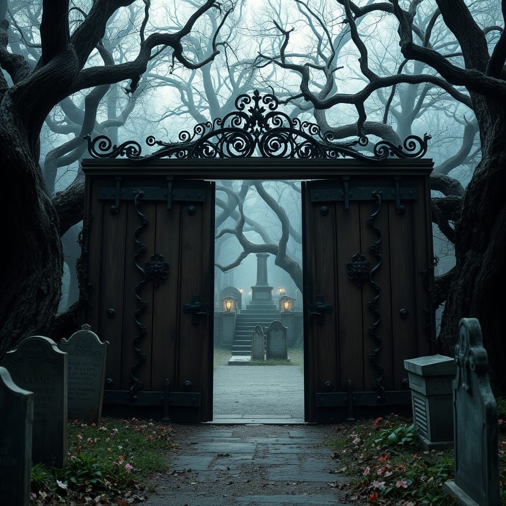 Foreboding Entrance in Haunting, Cinematic Style