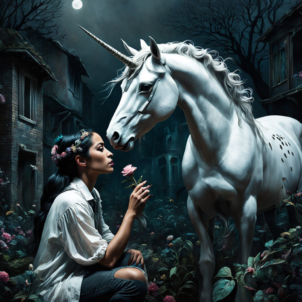 Serene Latina Woman Embraces Mysterious Unicorn in Cosmic Re...