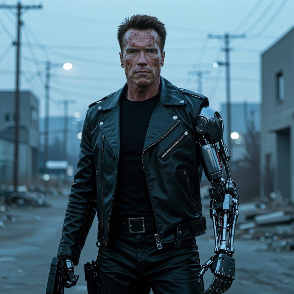 The Terminator with Robotic Arm in Cityscape