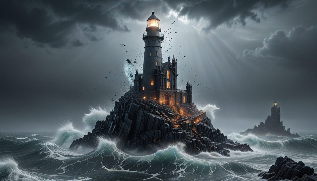 Obsidian Lighthouse on Rocky Coast in Fantasy Scene
