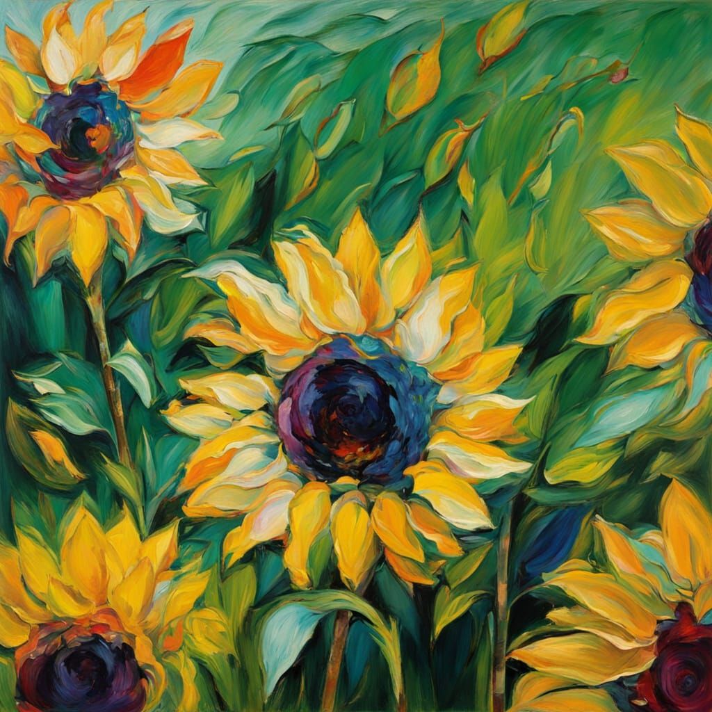 Vibrant Sunflower in a Sunny Field, Neo-Impressionist Oil Pa...