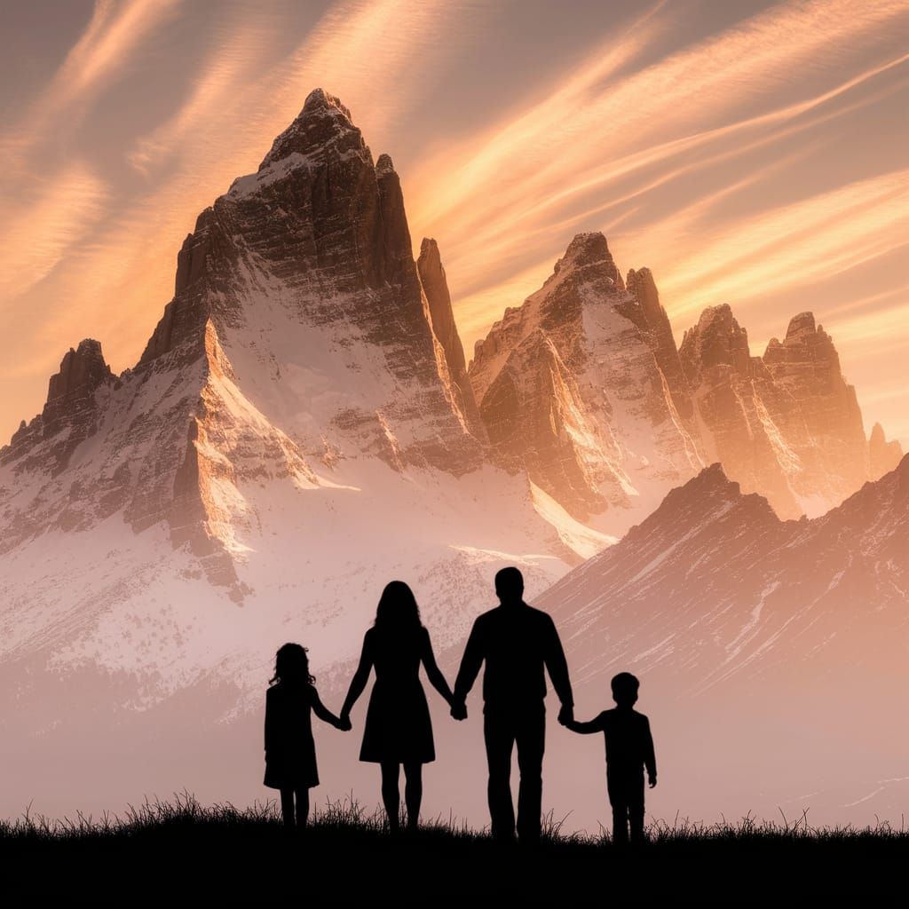 Family Silhouette Merging With Mountain Sunset Landscape