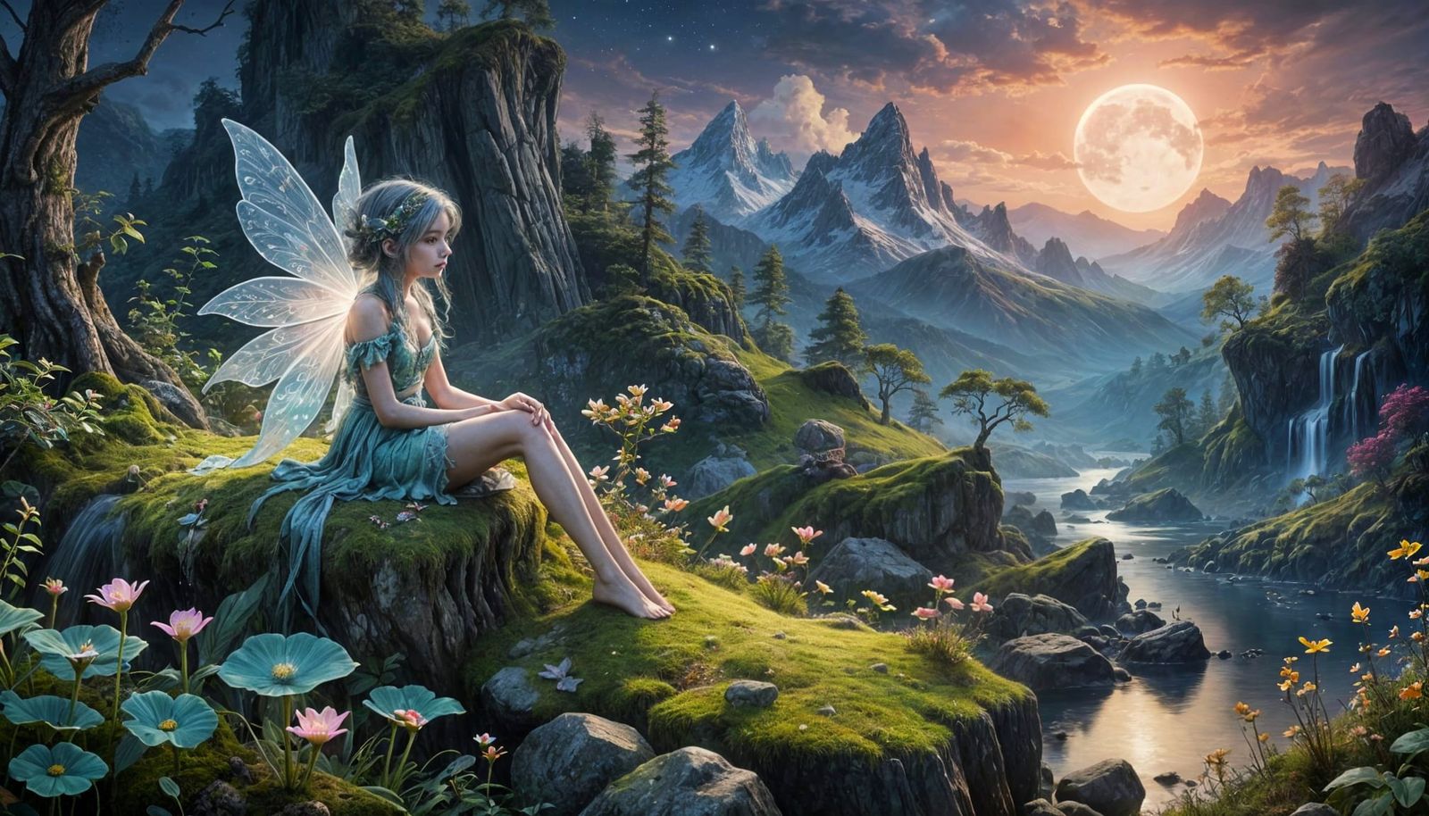 A fairy sitting on a moss-covered rock