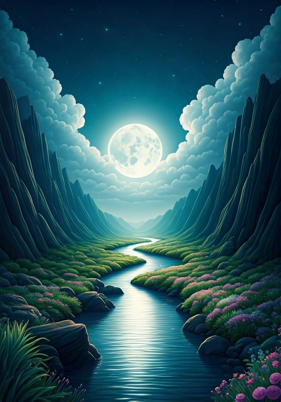 Dreamlike Cosmic Landscape with Glowing Moon and Tranquil Ri...