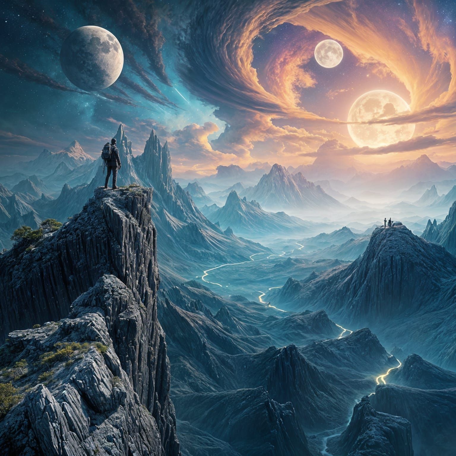 Mountaineer Surveys Bioluminescent Jungle from Crystal Peak