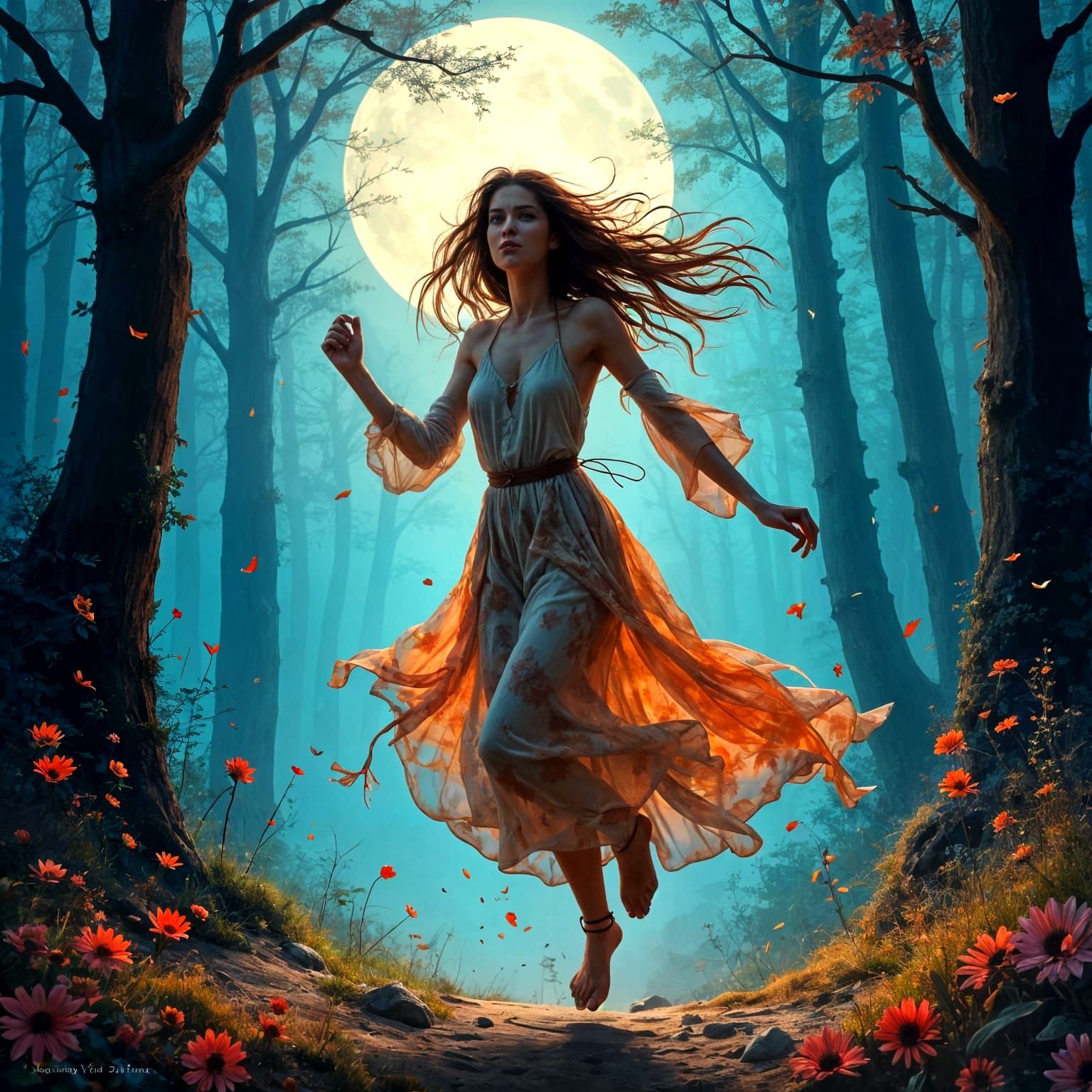 Mystical Woman Runs in Moonlit Forest: Digital Art