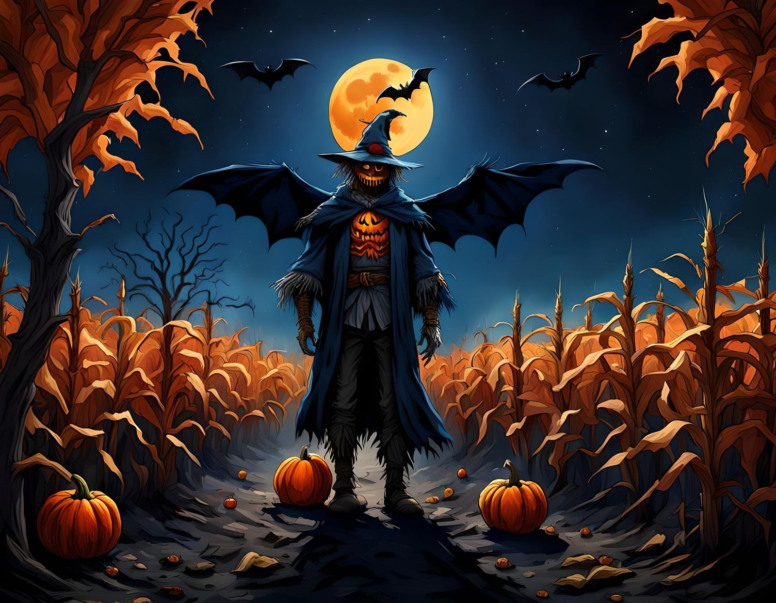 Halloween Night: Pumpkin, Bat, and Moon in Dark Sky
