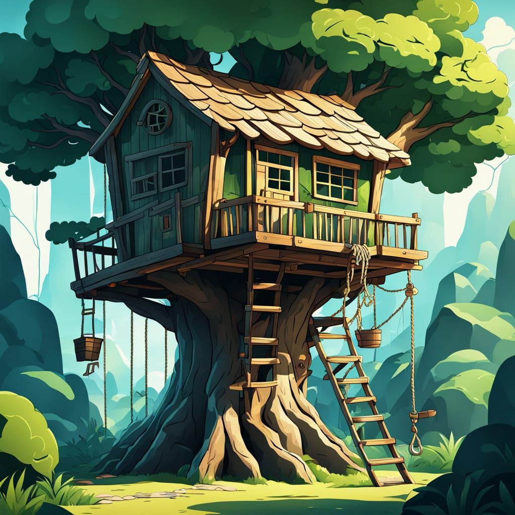 Whimsical Treehouse Playground in Anime Style