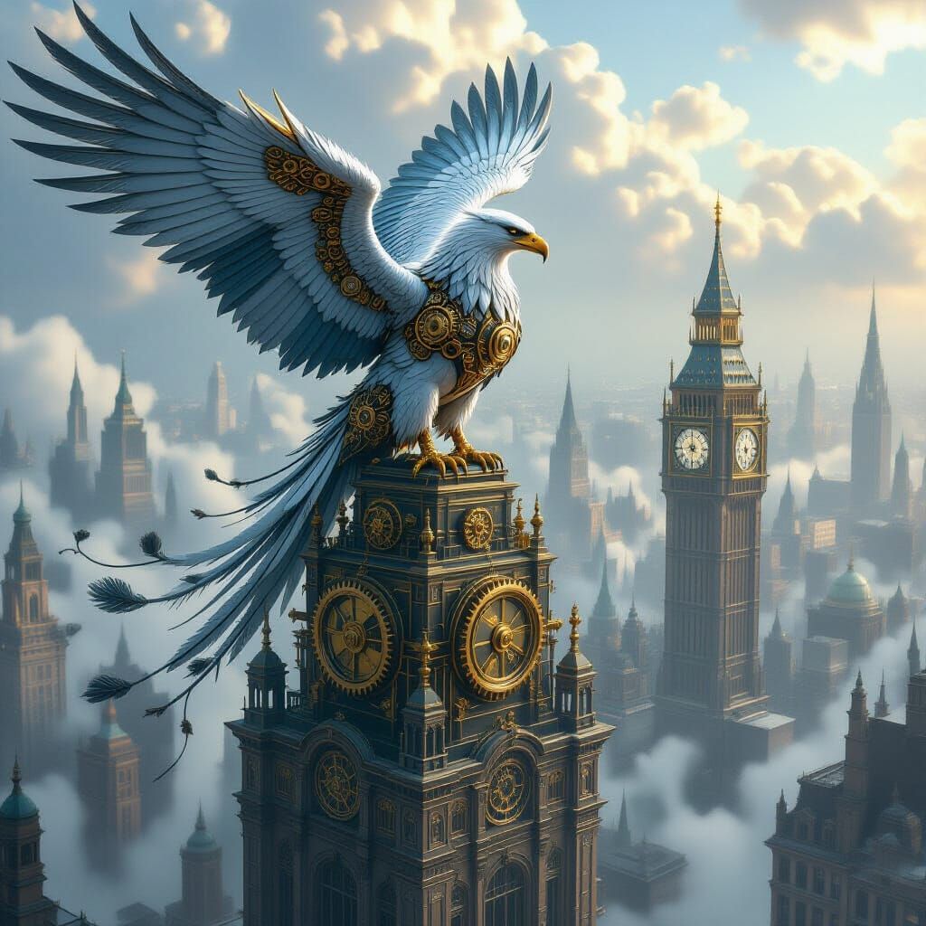Clockwork Griffin on Victorian Skyscraper in Steampunk City