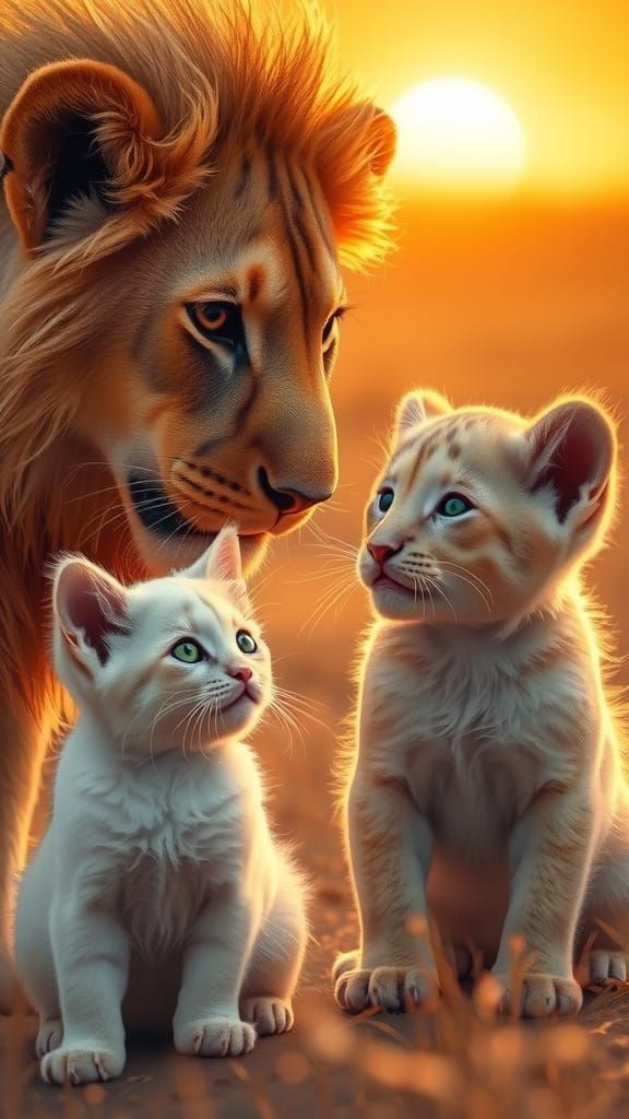 Adorable Lion Cub Meets Curious White Cat in Golden Savannah
