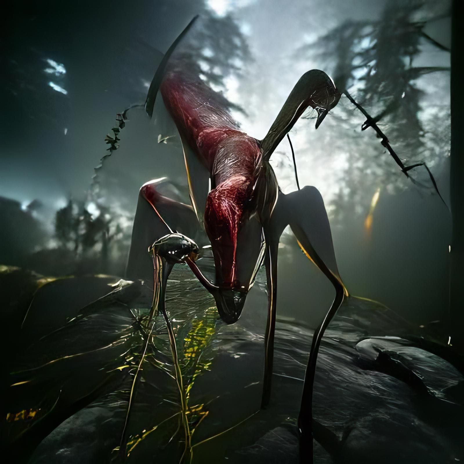 Giant Mantis in Dark Prehistoric Forest, Hyperrealistic