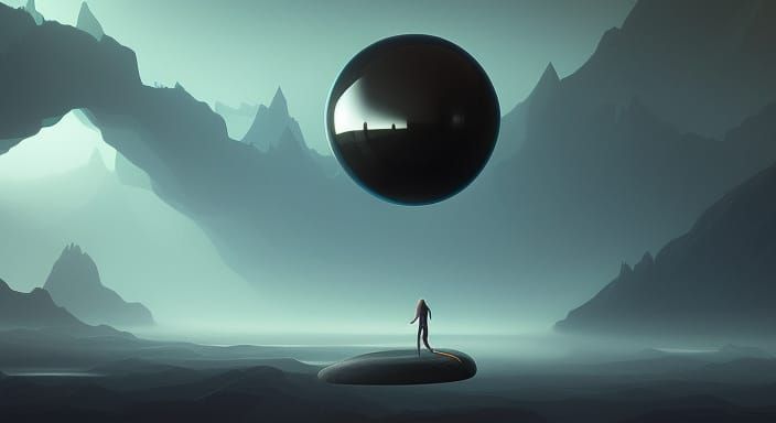 Floating Obsidian Orb in Alien Landscape