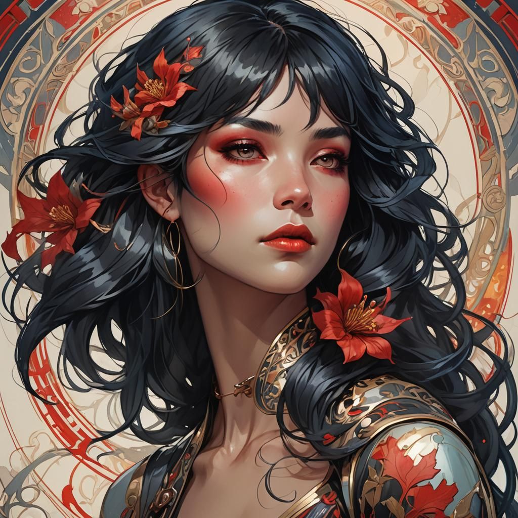 Fierce Woman with Red Highlights in Art Nouveau Style