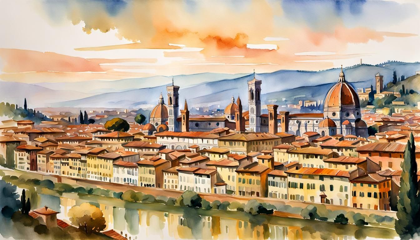 Florence Panorama in Post-Impressionist Watercolor