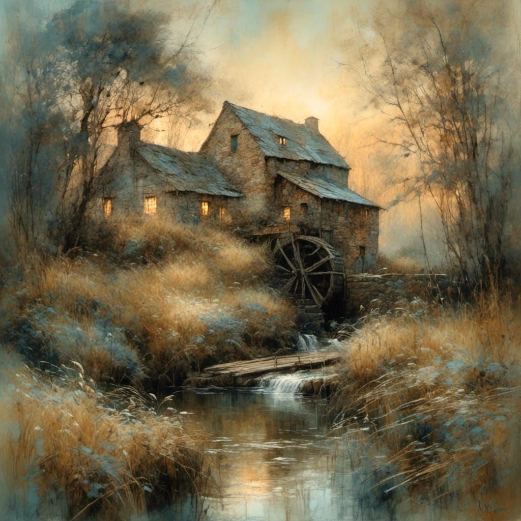Historic Watermill in Evening Light, Illustrative Style