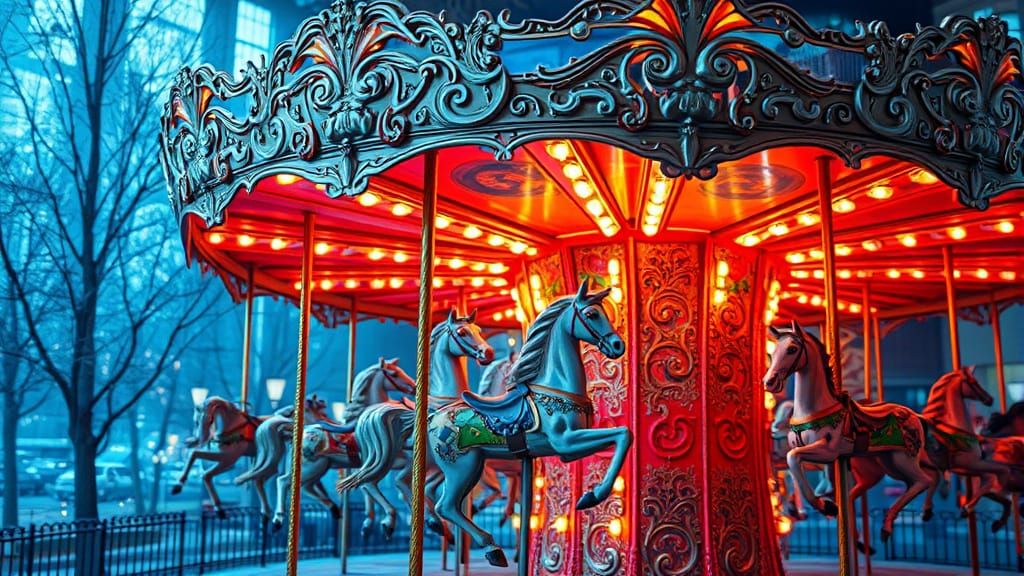 Surreal Bioluminescent Carousel with Silver Filigree