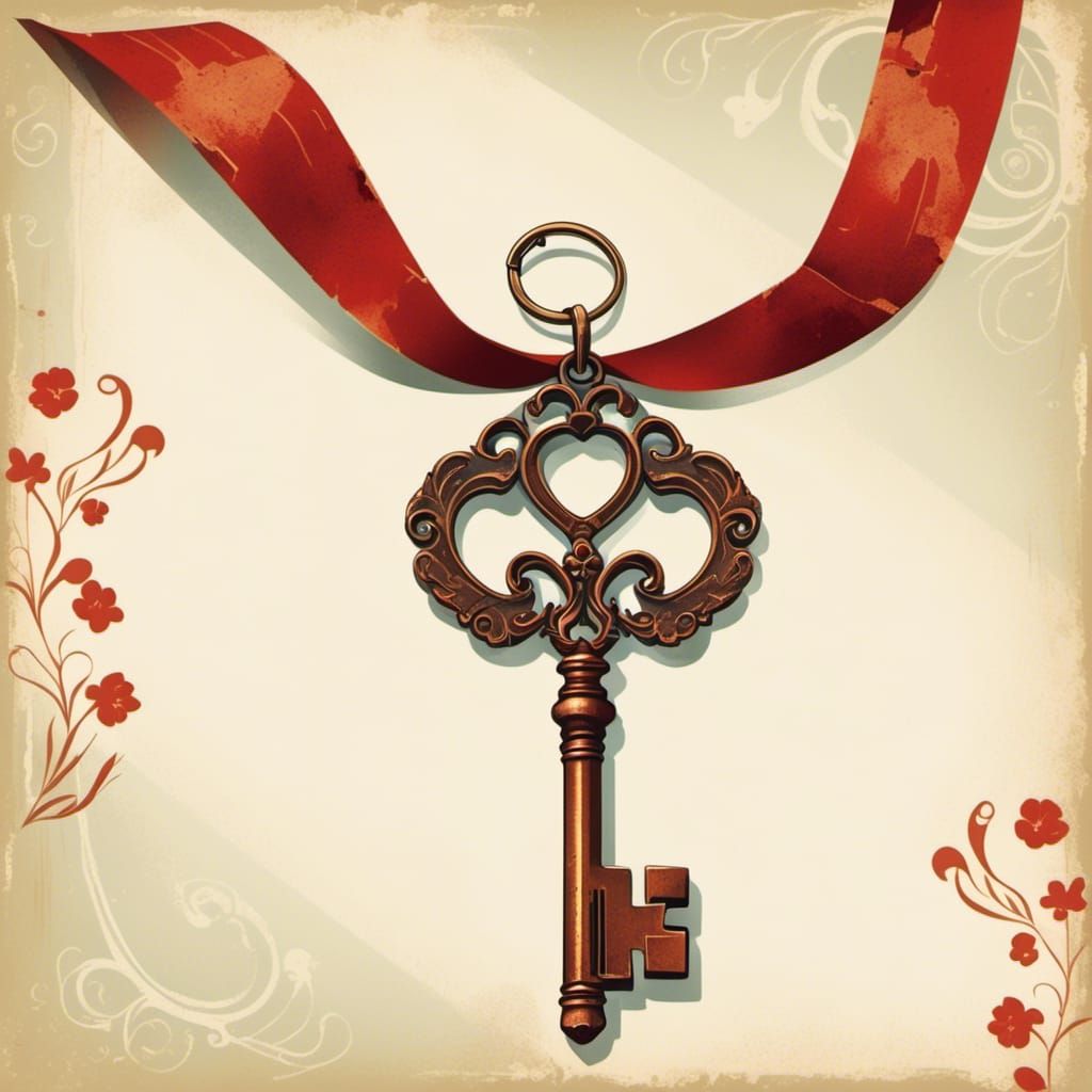 Rusted Key Suspended by Frayed Red Ribbon