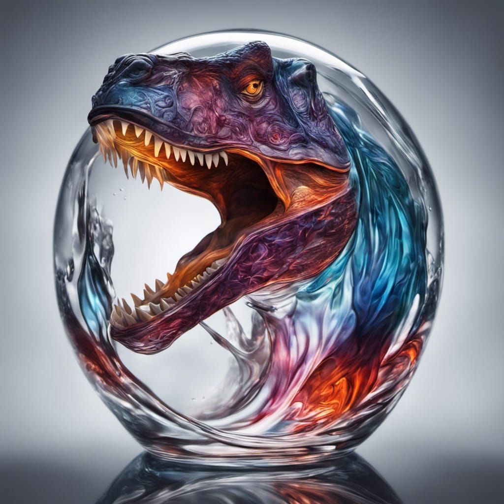 Hyperrealistic Glass T-Rex Sculpture in Splash Art Style