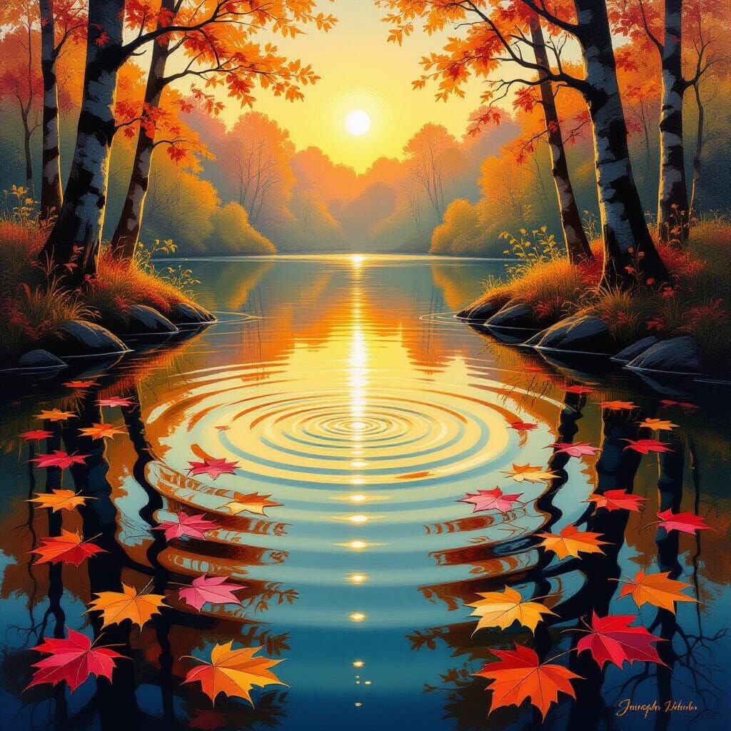 Surreal Autumn Oak Leaves in Rippling Pond Oil Painting