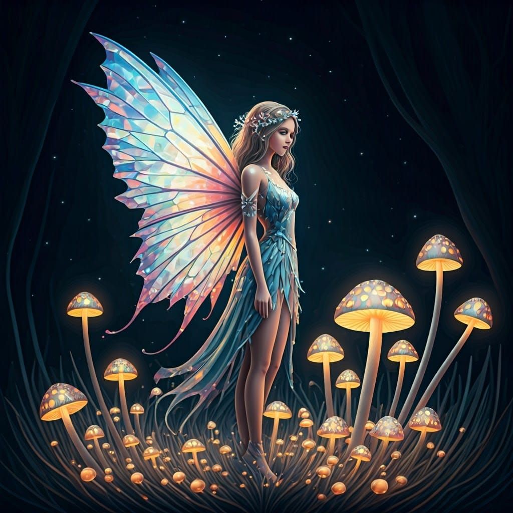Fairy in Glowing Mushroom Field Under Stars