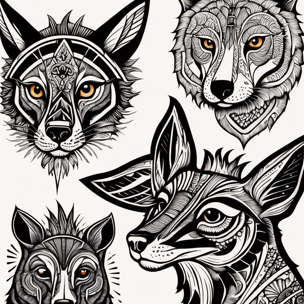 Linocut Style Tattoo Art with Bold Outlines