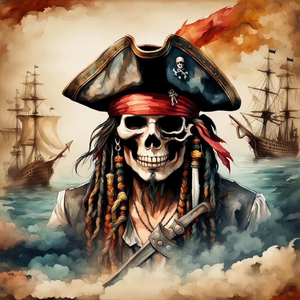 Pirate with Skull Flag in Vintage Watercolor Style