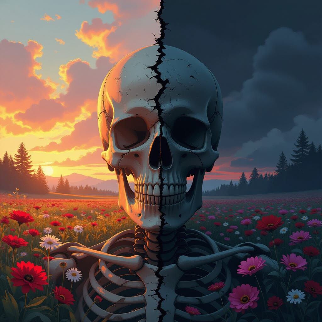 Life and Death Dichotomy: Vibrant Flora Meets Skeletal Remai...