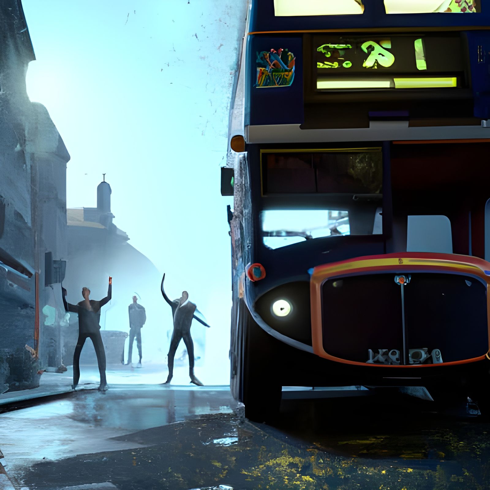 An angry mob throwing rocks at a London bus.