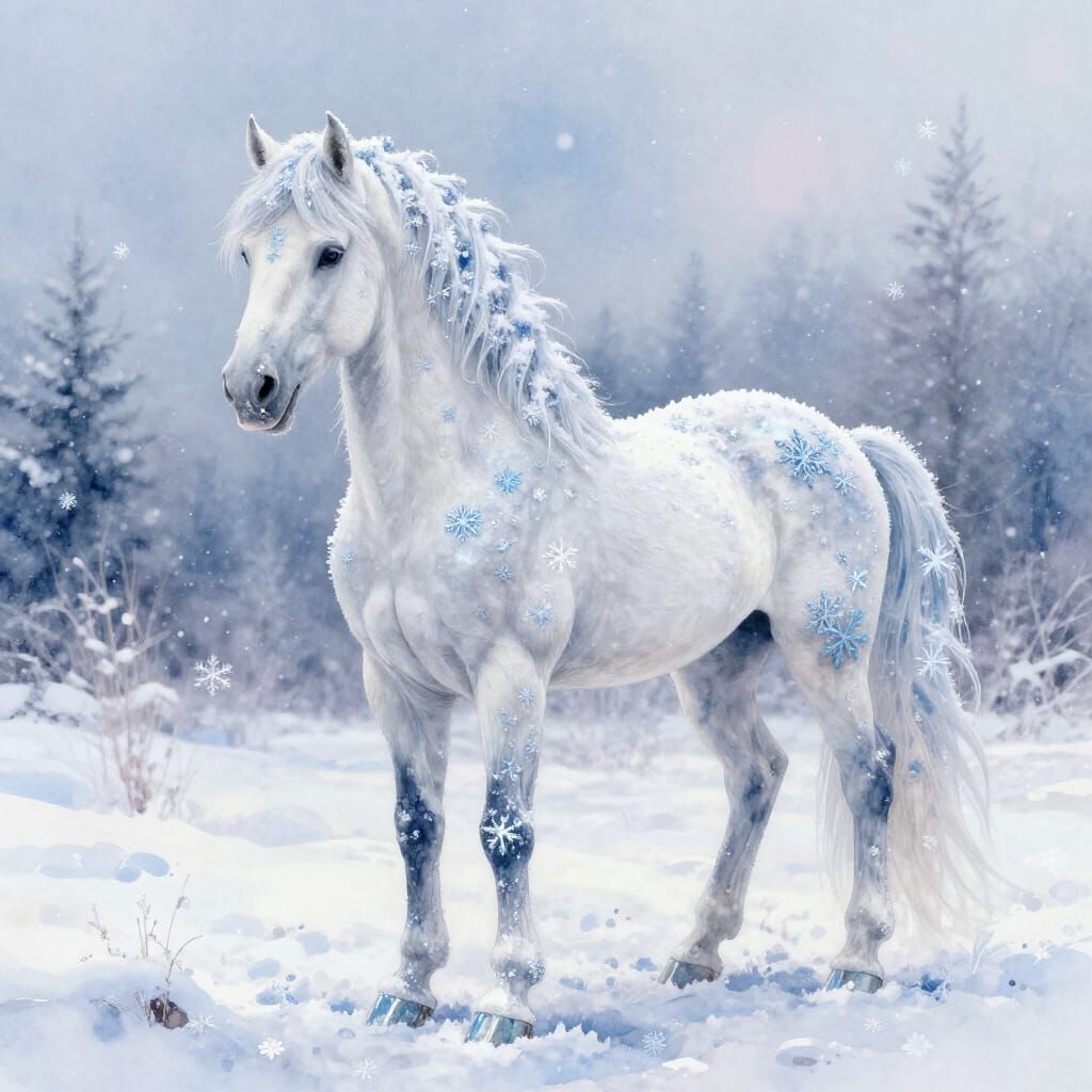 Majestic Horse Made of Snowflakes in Watercolor Style