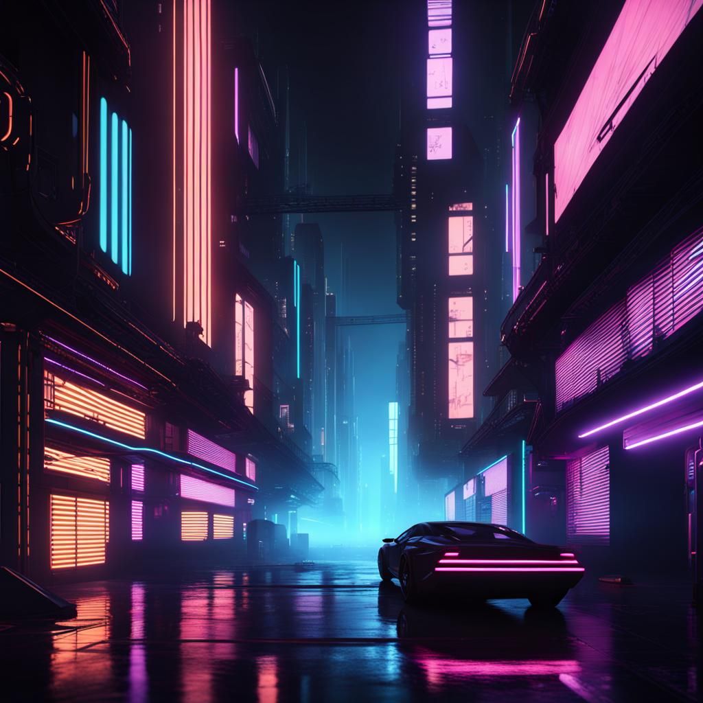 Futuristic Cityscape with Neon Lights in Black Art Style