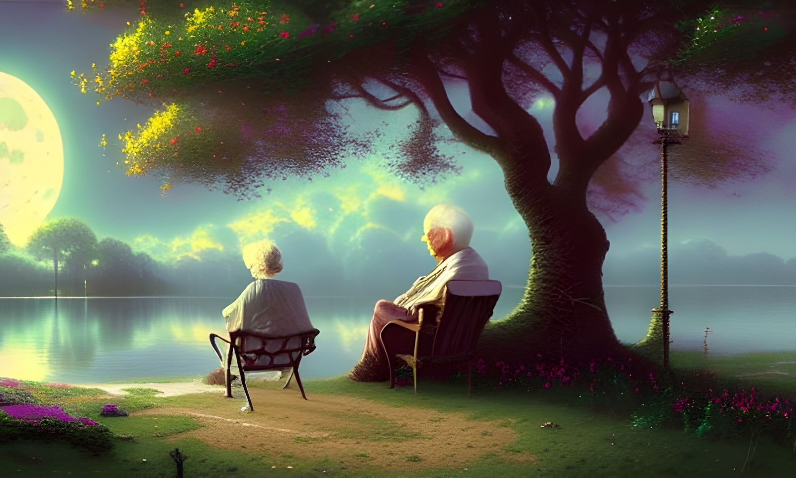 Ethereal Elders in Ominous Field Under Moonlight