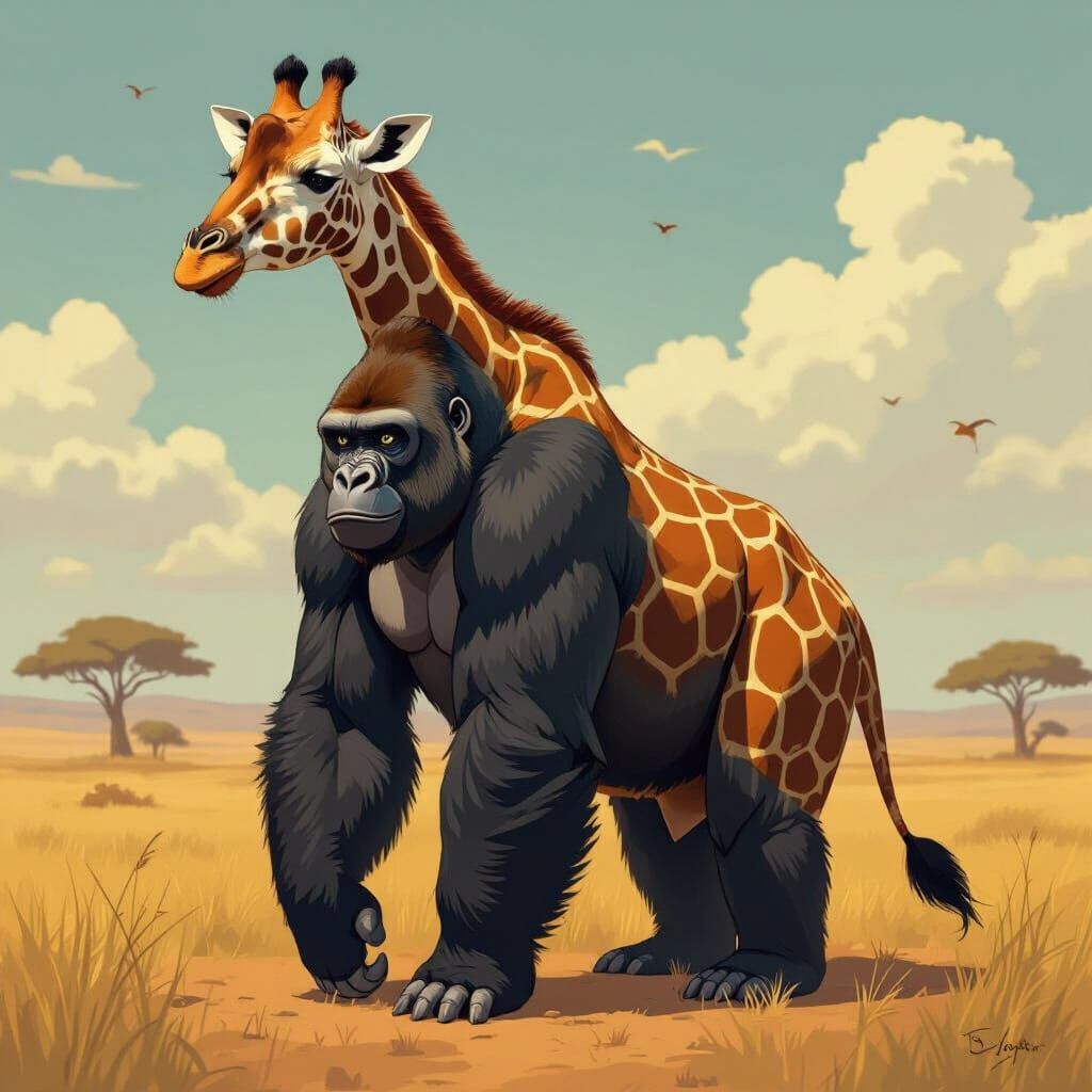 Surreal Gorilla-Giraffe Hybrid in Vibrant Safari Colors