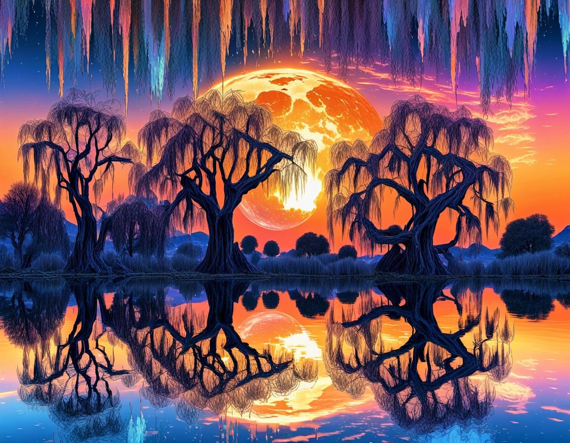 Cosmic Sunset With Weeping Willow Reflections