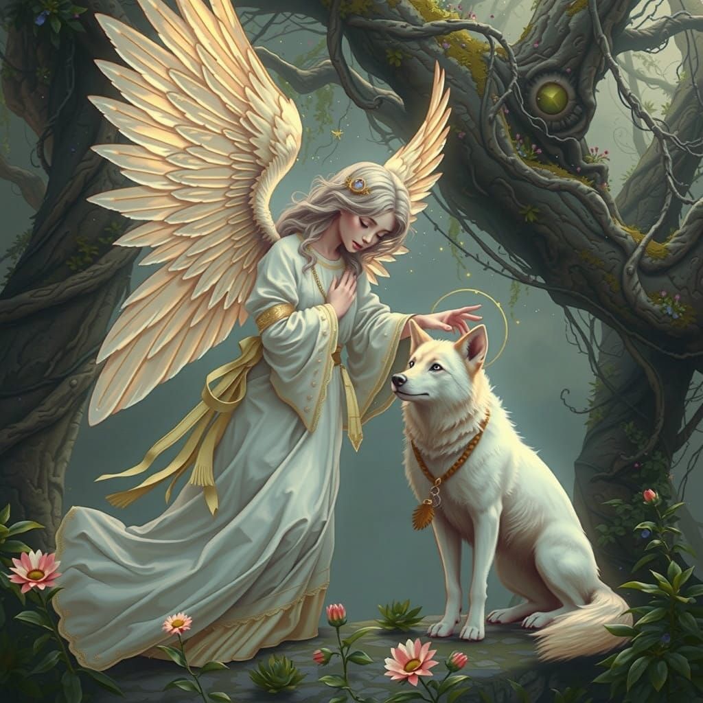 Angel and Wolf in Dreamlike Landscape