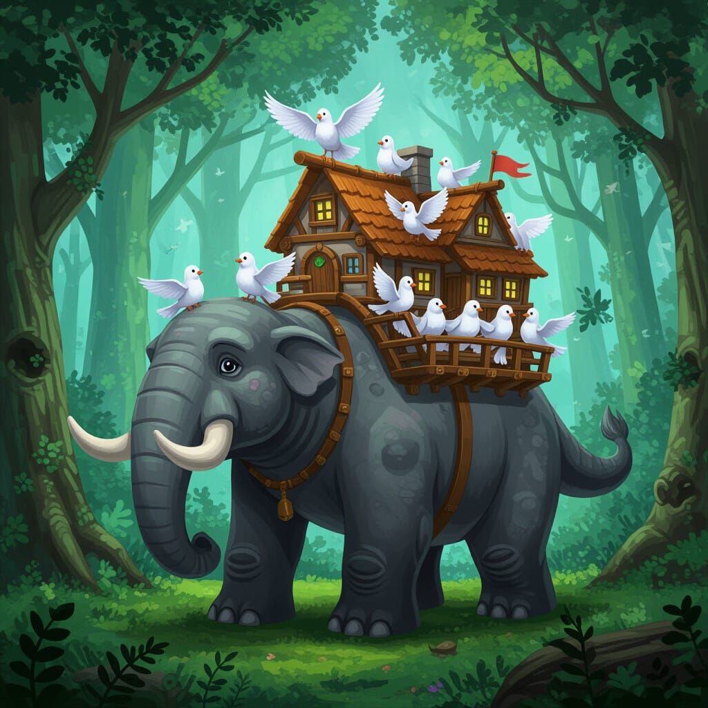Kind Elephant Carries Dove Village Through Enchanted Forest