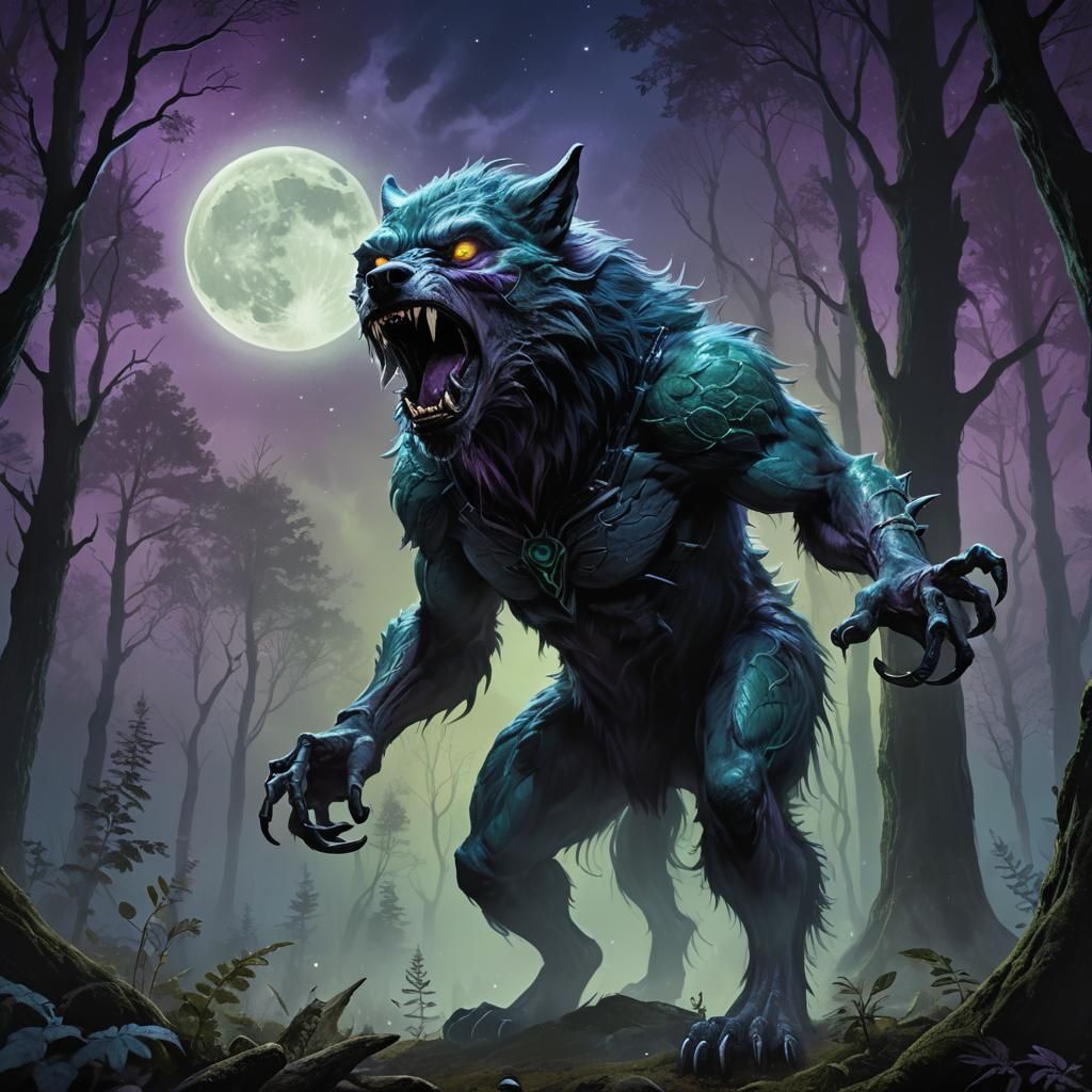 Eerie Alien Werewolf Howling in Dark Forest