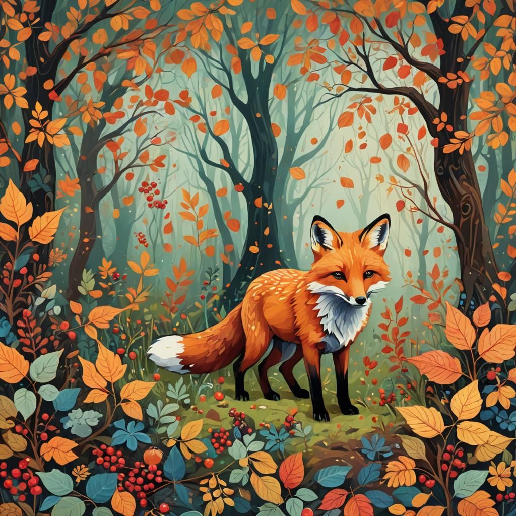 Fox in Autumn Forest, Launay Style