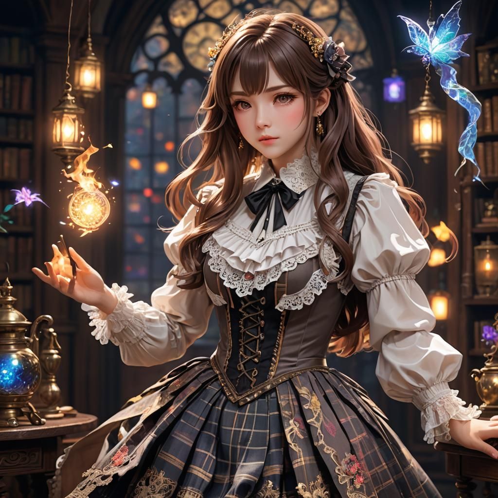 Anime Conjuror in Victorian Dress Casting Spell